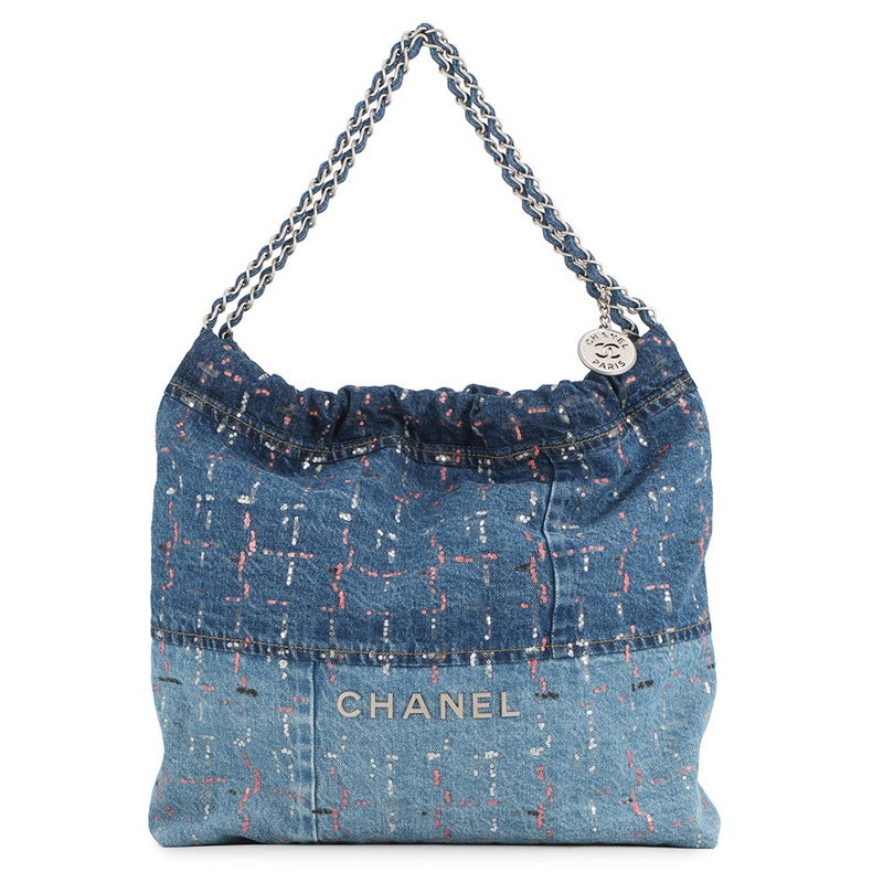 シャネル チェーンショルダーバッグ CHANEL 22 グリッターパッチワーク スモール デニム AS3261 ポーチ付き