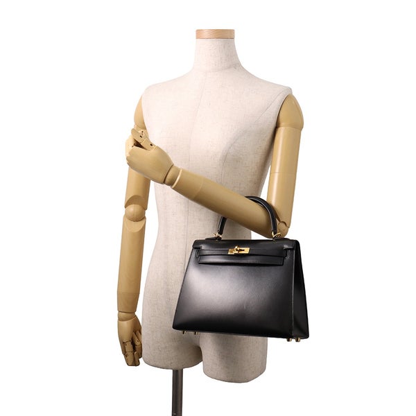 エルメス ハンドバッグ ケリー25 外縫い ブラック/ゴールド金具 ボックスカーフ Y刻印 HERMES 2wayバッグ 黒