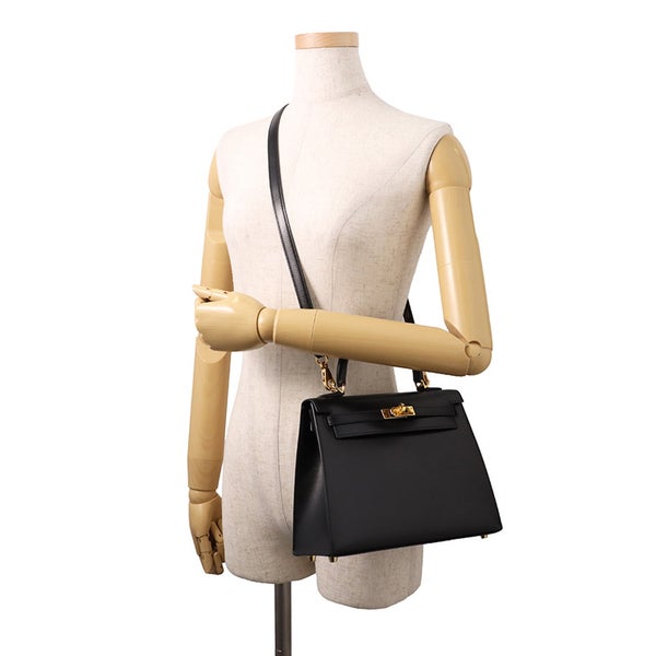エルメス ハンドバッグ ケリー25 外縫い ブラック/ゴールド金具 ボックスカーフ Y刻印 HERMES 2wayバッグ 黒