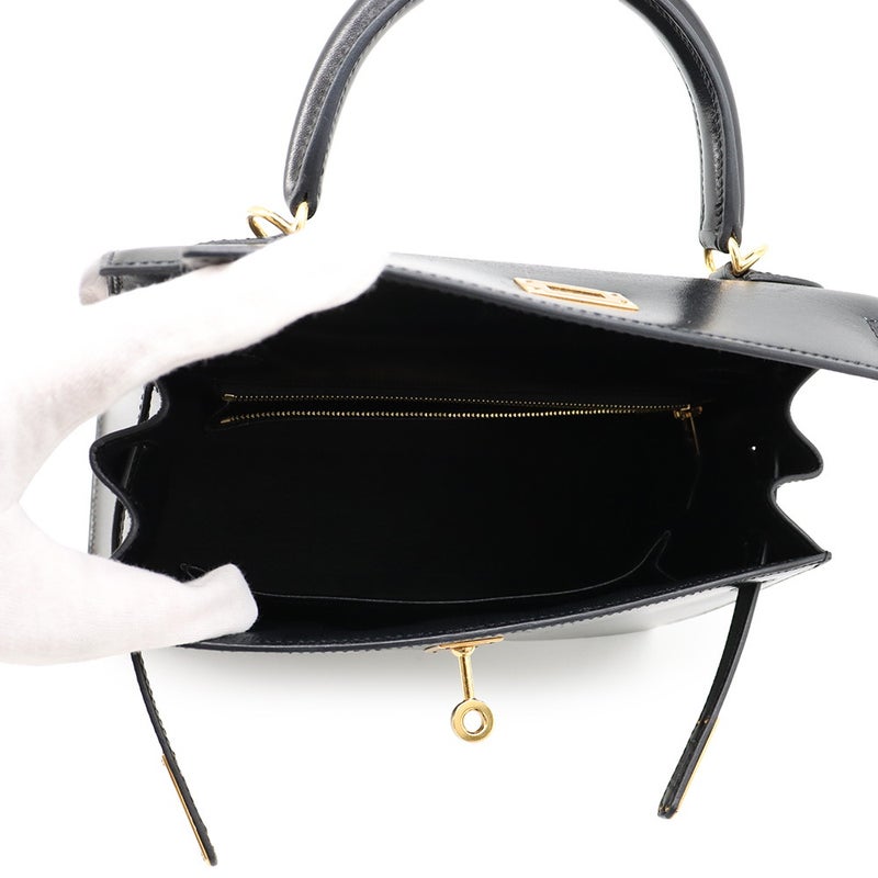 エルメス ハンドバッグ ケリー25 外縫い ブラック/ゴールド金具 ボックスカーフ Y刻印 HERMES 2wayバッグ 黒