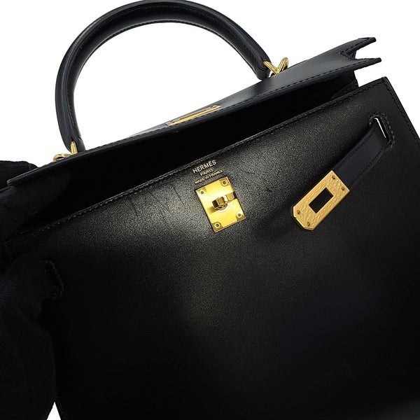 エルメス ハンドバッグ ケリー25 外縫い ブラック/ゴールド金具 ボックスカーフ Y刻印 HERMES 2wayバッグ 黒