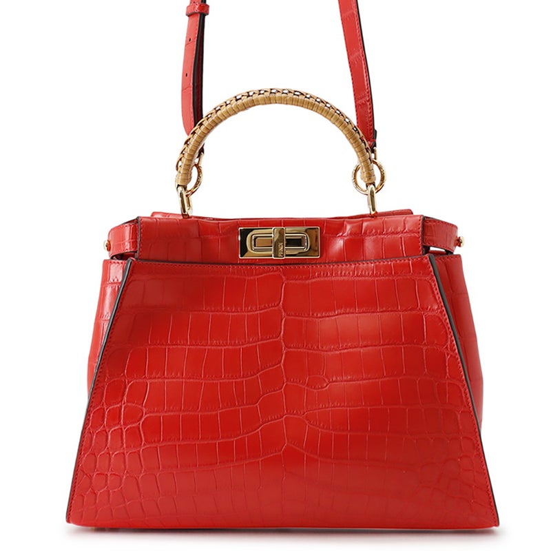 フェンディ ハンドバッグ ピーカブー レギュラー クロコダイル/籐 8BN290 FENDI 2way ショルダー レッド