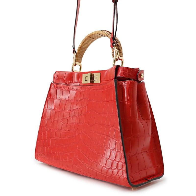 フェンディ ハンドバッグ ピーカブー レギュラー クロコダイル/籐 8BN290 FENDI 2way ショルダー レッド