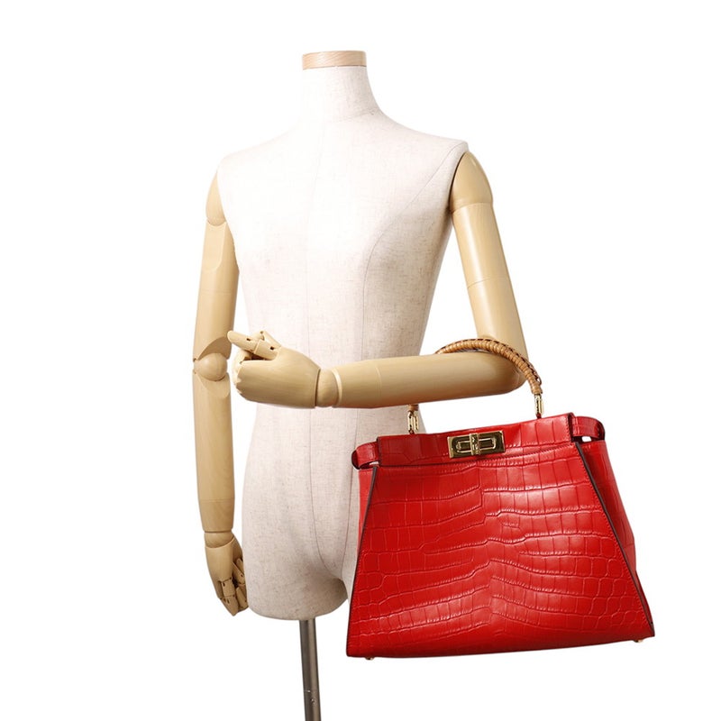 フェンディ ハンドバッグ ピーカブー レギュラー クロコダイル/籐 8BN290 FENDI 2way ショルダー レッド
