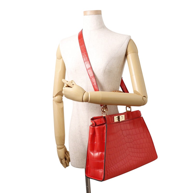 フェンディ ハンドバッグ ピーカブー レギュラー クロコダイル/籐 8BN290 FENDI 2way ショルダー レッド