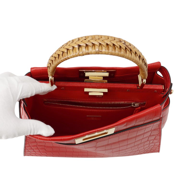 フェンディ ハンドバッグ ピーカブー レギュラー クロコダイル/籐 8BN290 FENDI 2way ショルダー レッド