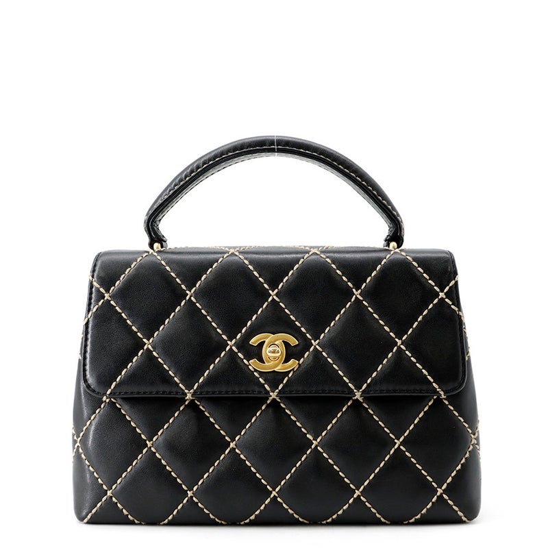 シャネル ハンドバッグ ステッチ ココマーク ラムスキン CHANEL バッグ 黒