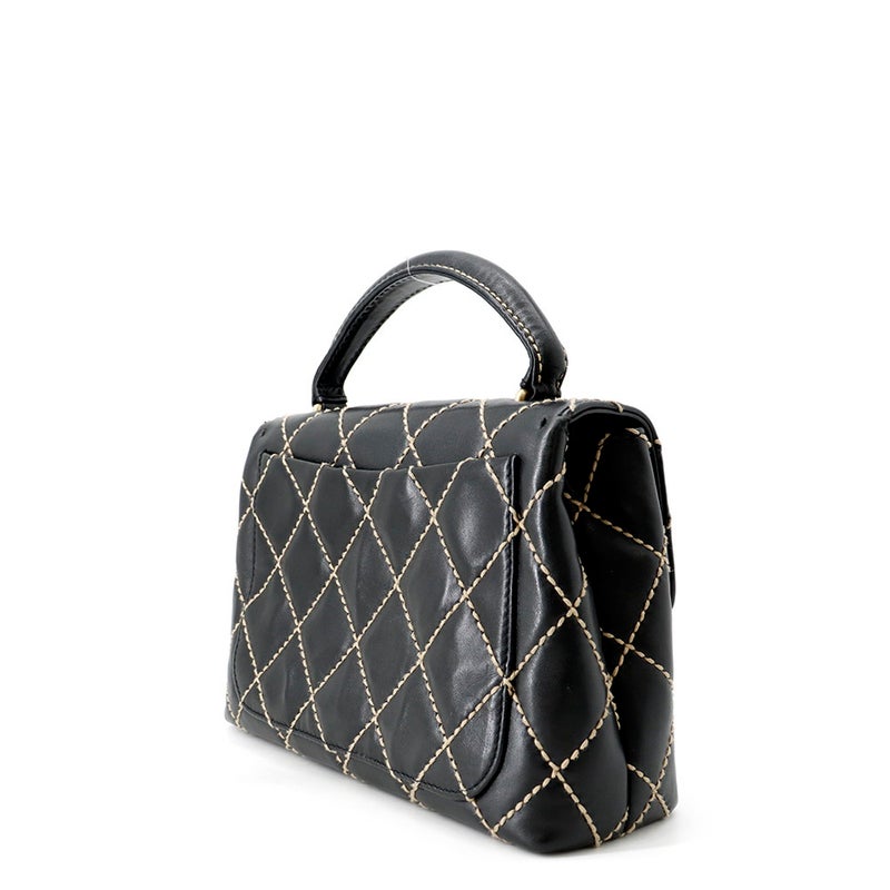 シャネル ハンドバッグ ステッチ ココマーク ラムスキン CHANEL バッグ 黒