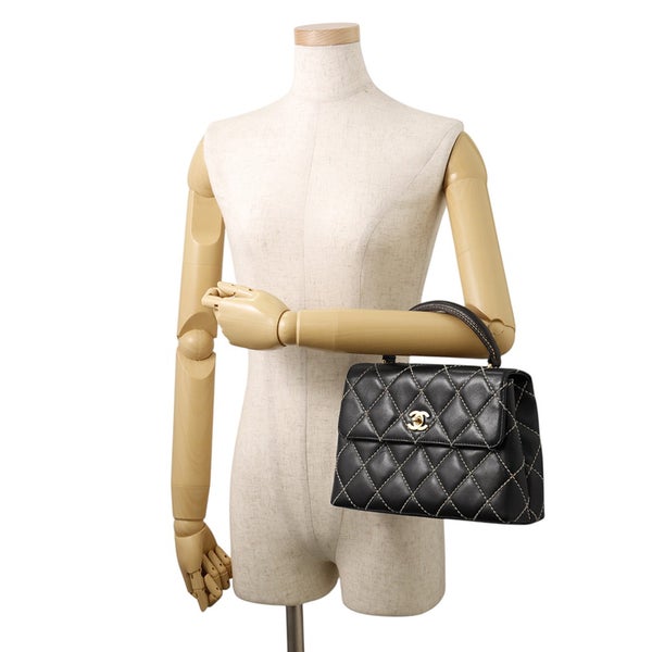 シャネル ハンドバッグ ステッチ ココマーク ラムスキン CHANEL バッグ 黒