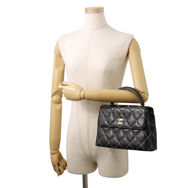 シャネル ハンドバッグ ステッチ ココマーク ラムスキン CHANEL バッグ 黒