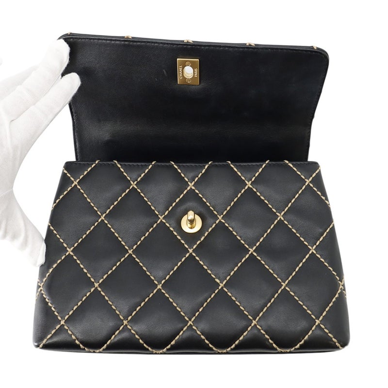 シャネル ハンドバッグ ステッチ ココマーク ラムスキン CHANEL バッグ 黒