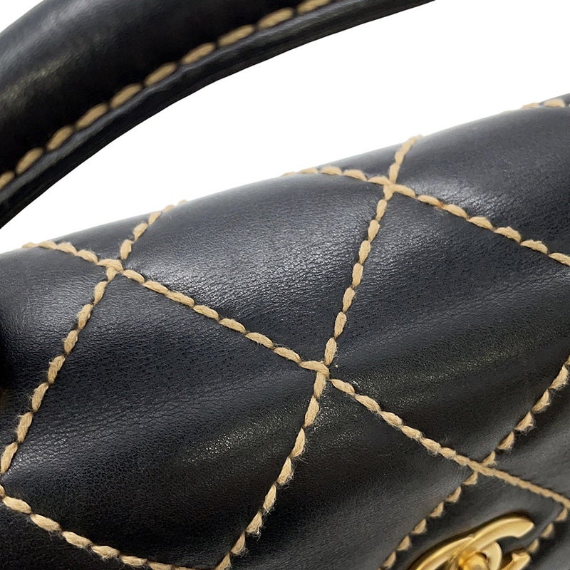 シャネル ハンドバッグ ステッチ ココマーク ラムスキン CHANEL バッグ 黒