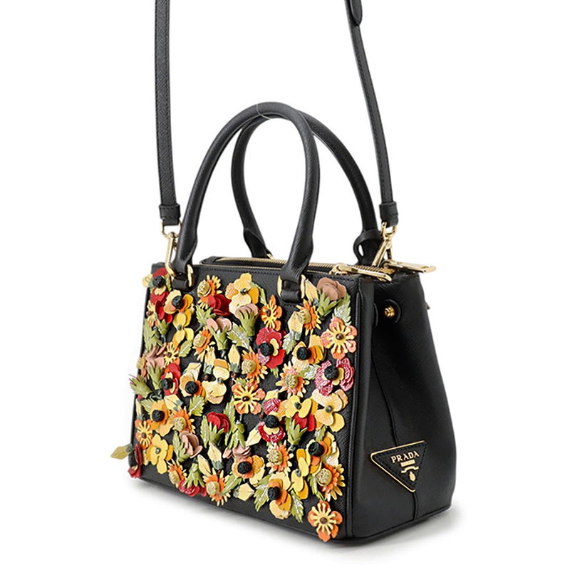 プラダ ハンドバッグ ガレリア フラワー サフィアーノ PRADA 2wayショルダーバッグ 黒