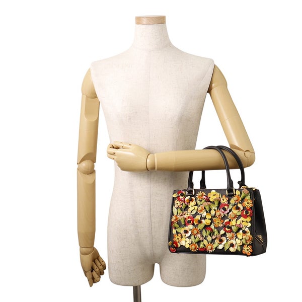 プラダ ハンドバッグ ガレリア フラワー サフィアーノ PRADA 2wayショルダーバッグ 黒
