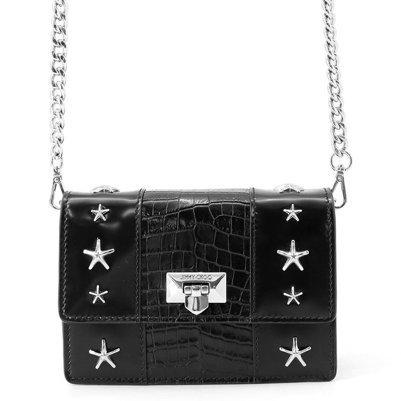 ジミーチュウ チェーンショルダーバッグ スタースタッズ ピクシス クロコ型押しレザー JIMMY CHOO 黒