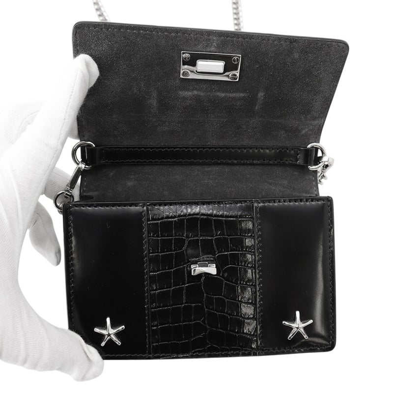 ジミーチュウ チェーンショルダーバッグ スタースタッズ ピクシス クロコ型押しレザー JIMMY CHOO 黒