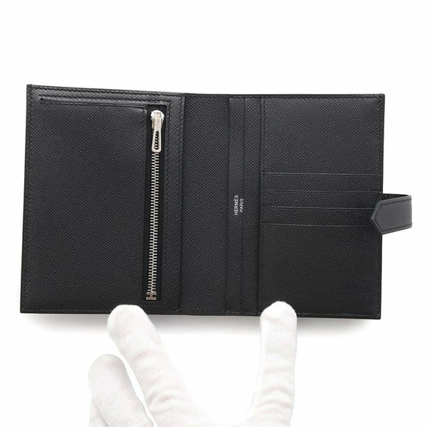 エルメス 二つ折り財布 ベアンコンパクト ブラック/シルバー金具 ヴォーマダム W刻印 黒