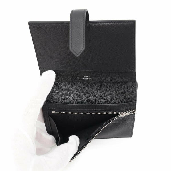 エルメス 二つ折り財布 ベアンコンパクト ブラック/シルバー金具 ヴォーマダム W刻印 黒