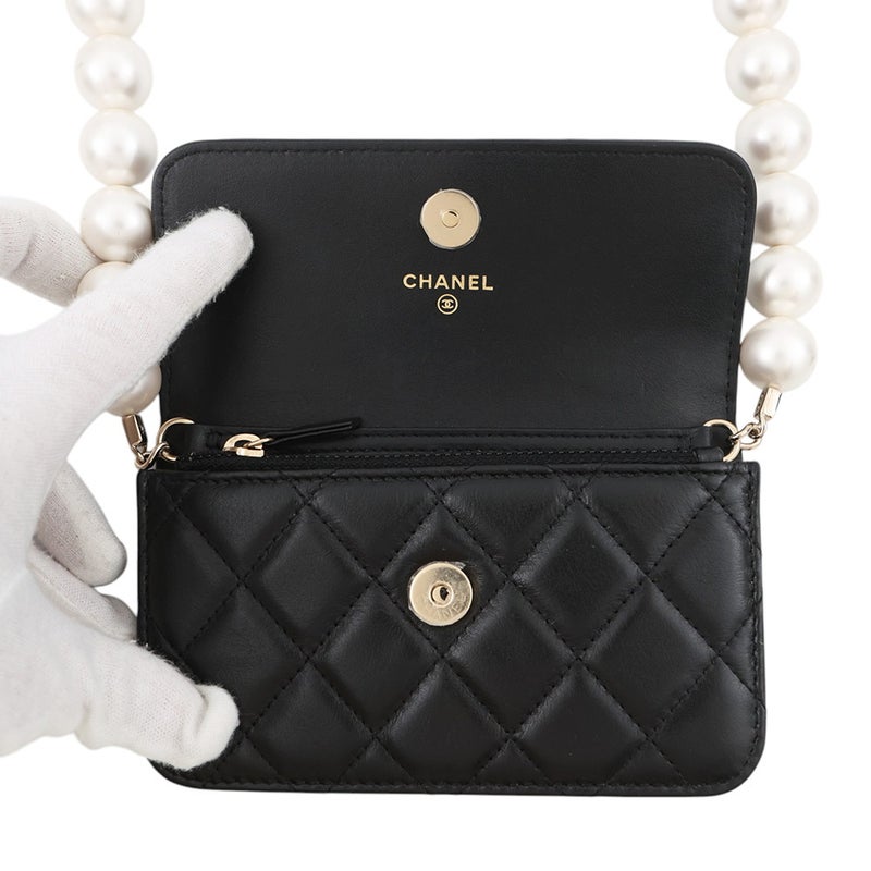 シャネル パールチェーンショルダーバッグ ココマーク マトラッセ フェイクパール AP1838 CHANEL ポーチ 黒