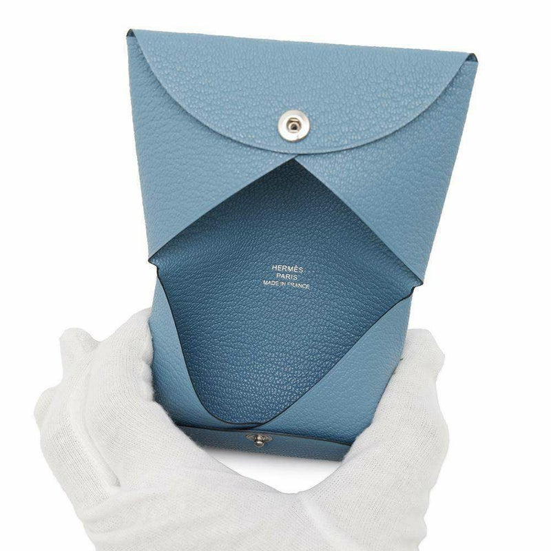 エルメス カードケース カルヴィ ブルージーン/シルバー金具 シェブルミゾル W刻印 シェーブル