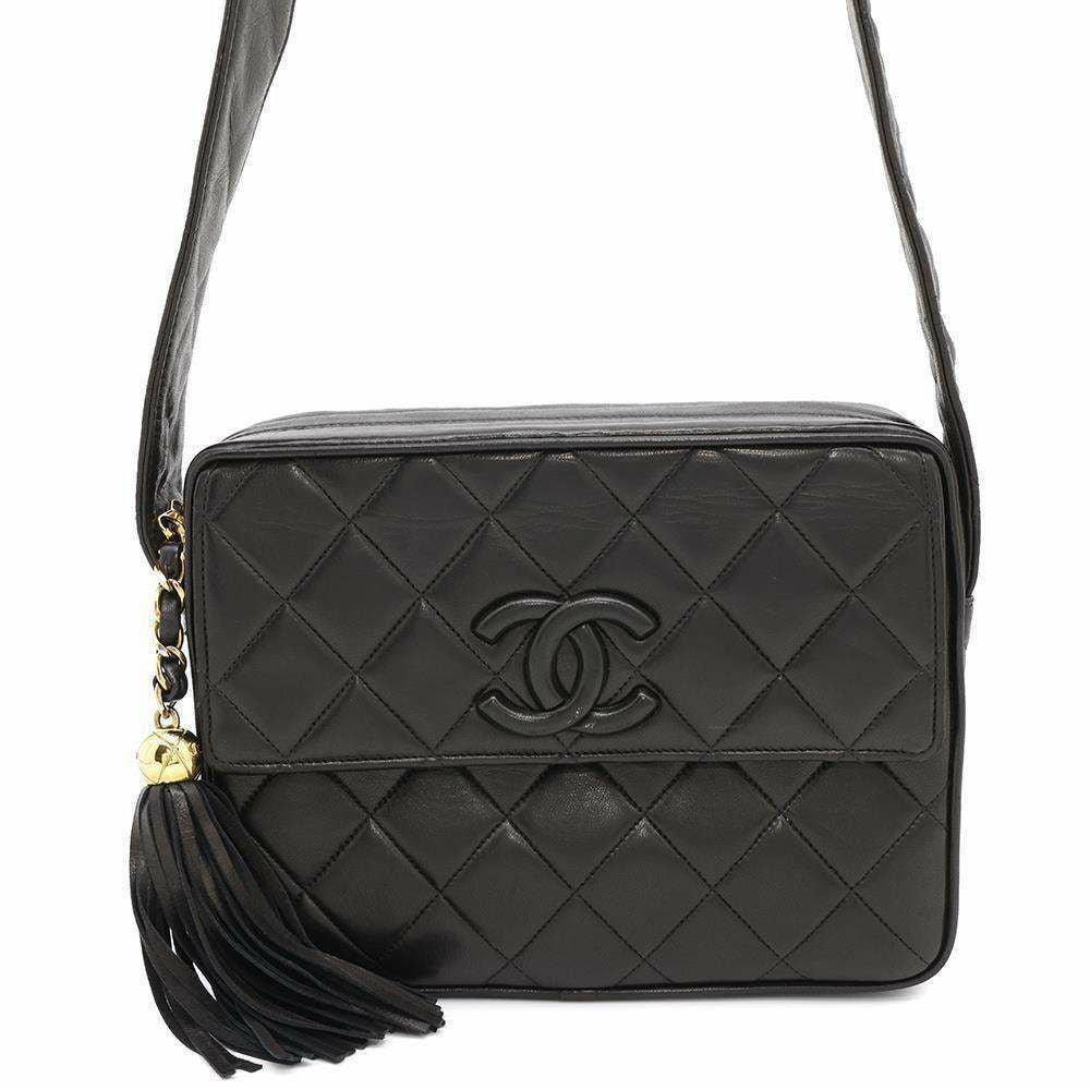 本物 シャネル CHANEL ココマーク タッセル ショルダーバッグ ポシェット ラムスキン ナイロン ブラック Coco Mark バッグ 中古 CHANEL - 本物 シャネル CHANEL ココマーク タッセル ショルダーバッグ