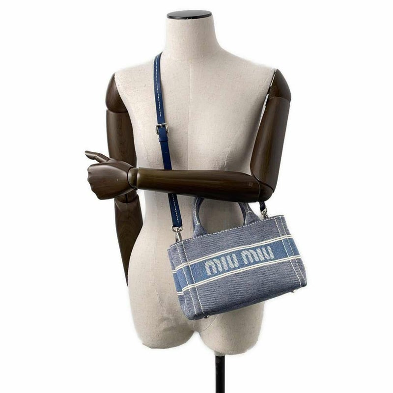 ミュウミュウ トートバッグ ジャガード ロゴ  デニム 5BA253 Miu Miu ハンド ショルダーバッグ 白