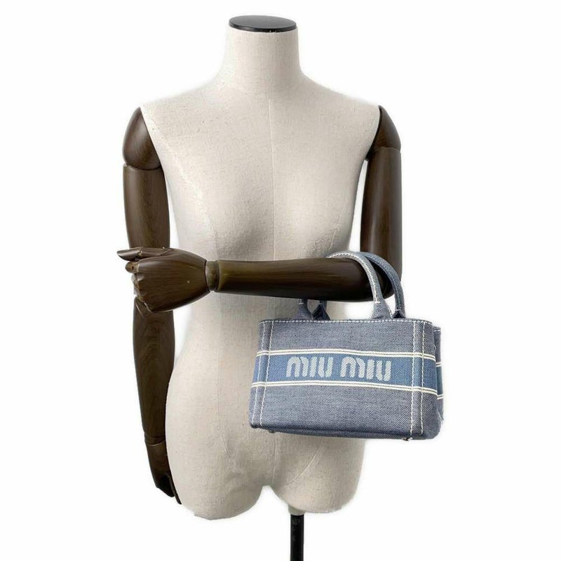 ミュウミュウ トートバッグ ジャガード ロゴ  デニム 5BA253 Miu Miu ハンド ショルダーバッグ 白