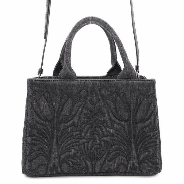 プラダ トートバッグ カナパ フラワーモチーフ 花 デニム PRADA 2wayショルダーバッグ 黒