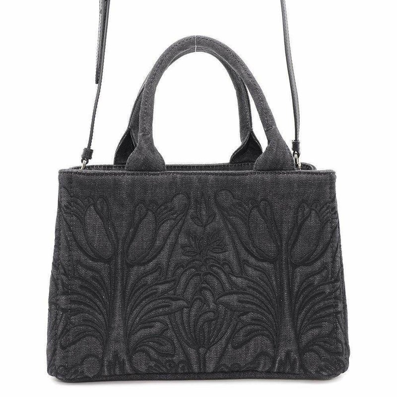 プラダ トートバッグ カナパ フラワーモチーフ 花 デニム PRADA 2wayショルダーバッグ 黒