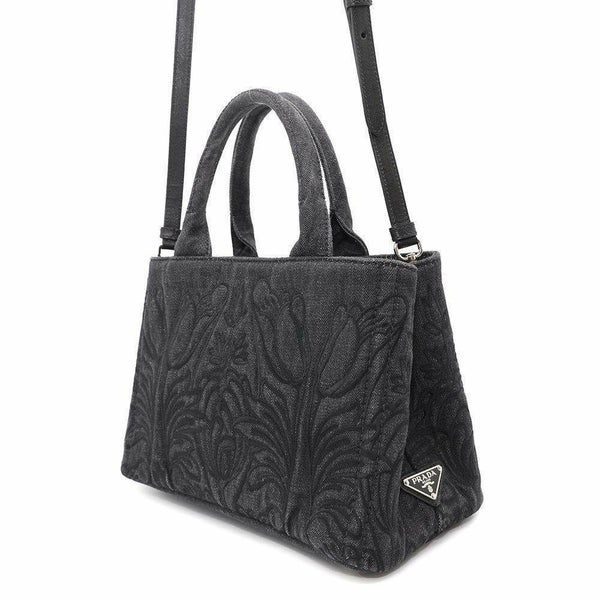 プラダ トートバッグ カナパ フラワーモチーフ 花 デニム PRADA 2wayショルダーバッグ 黒