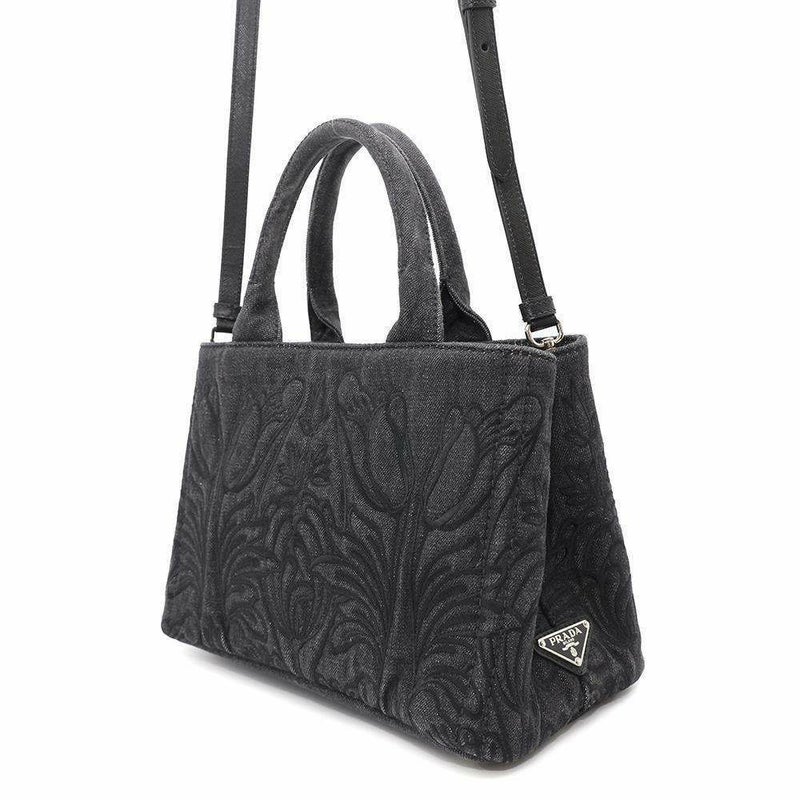 プラダ トートバッグ カナパ フラワーモチーフ 花 デニム PRADA 2wayショルダーバッグ 黒