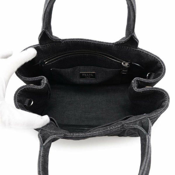 プラダ トートバッグ カナパ フラワーモチーフ 花 デニム PRADA 2wayショルダーバッグ 黒