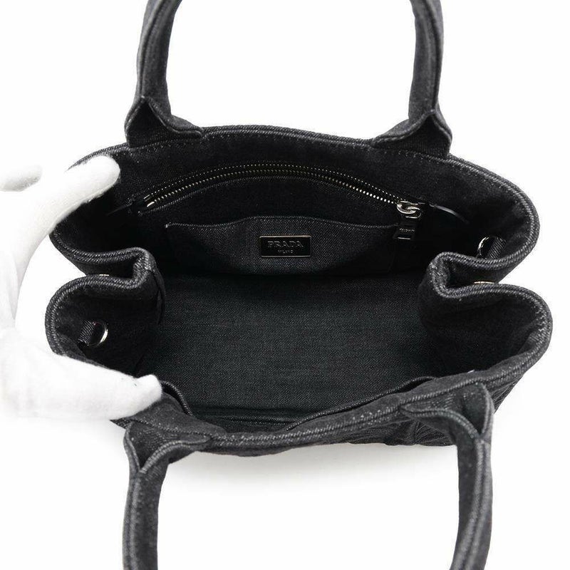 プラダ トートバッグ カナパ フラワーモチーフ 花 デニム PRADA 2wayショルダーバッグ 黒