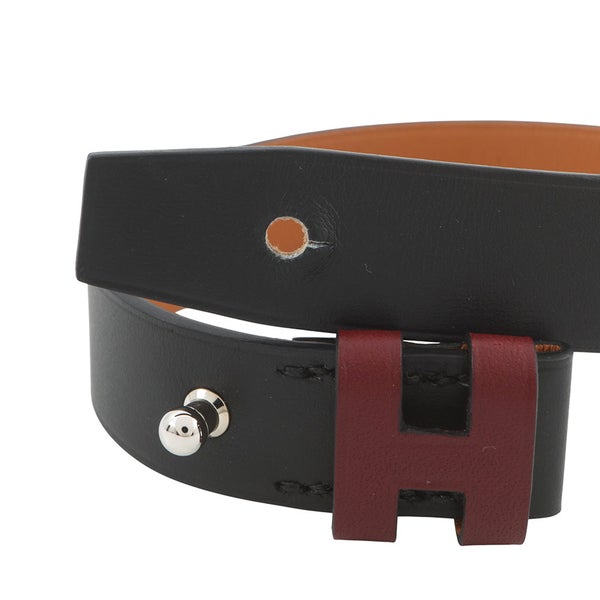 エルメス ブレスレット H ブラック/レッド/シルバー金具 レザー C刻印 サイズT4 HERMES アクセサリー 黒