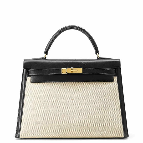 エルメス ハンドバッグ ケリー32 外縫い ナチュラル/ブラック/ゴールド金具 トワルアッシュ/ボックスカーフ 〇Z刻印 黒