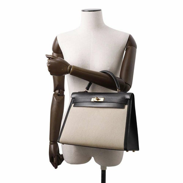 エルメス ハンドバッグ ケリー32 外縫い ナチュラル/ブラック/ゴールド金具 トワルアッシュ/ボックスカーフ 〇Z刻印 黒