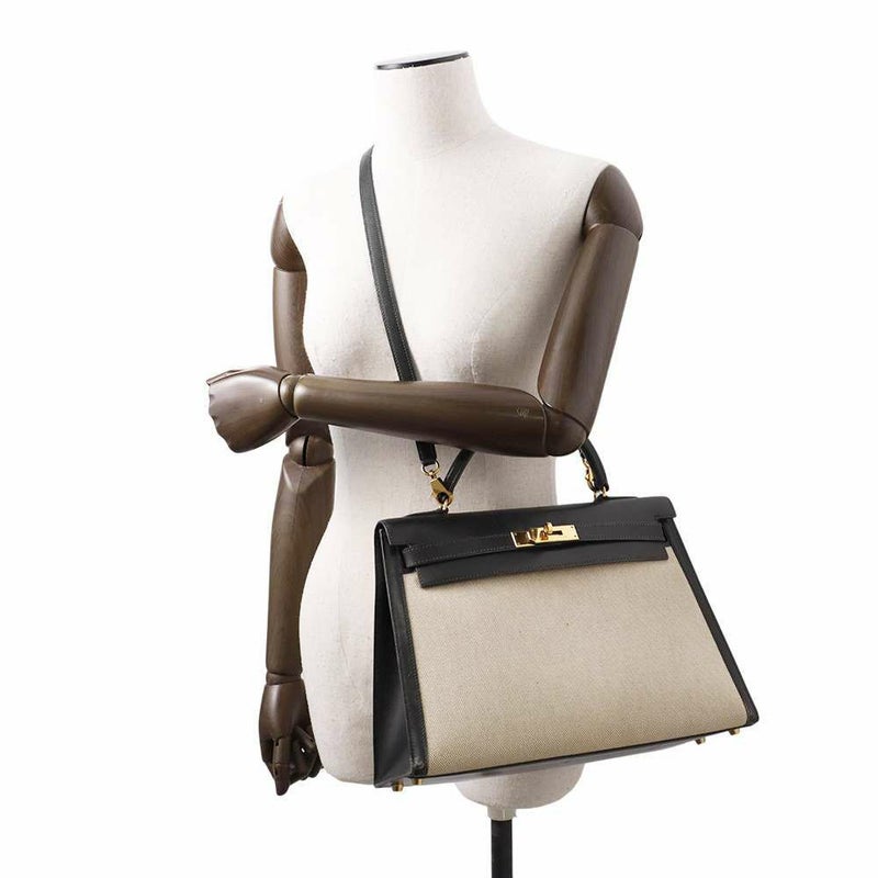 エルメス ハンドバッグ ケリー32 外縫い ナチュラル/ブラック/ゴールド金具 トワルアッシュ/ボックスカーフ 〇Z刻印 黒