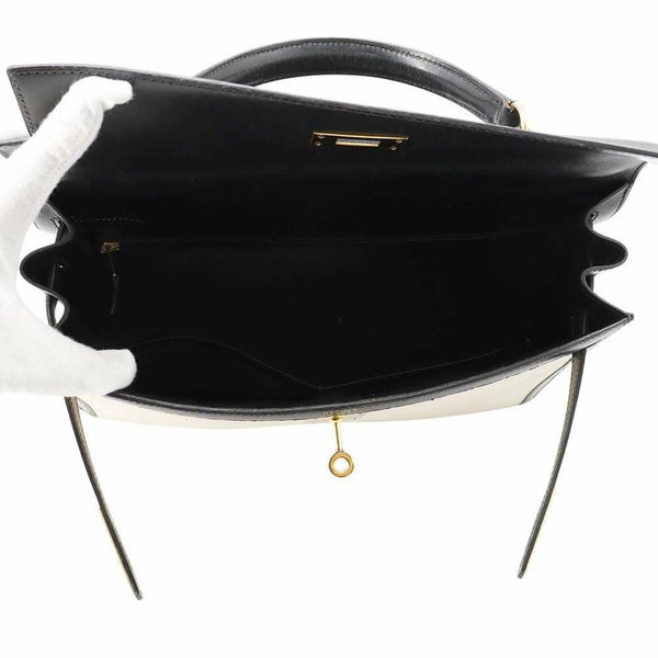 エルメス ハンドバッグ ケリー32 外縫い ナチュラル/ブラック/ゴールド金具 トワルアッシュ/ボックスカーフ 〇Z刻印 黒