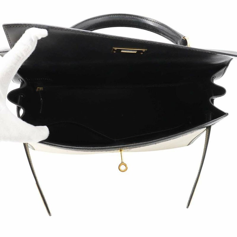 エルメス ハンドバッグ ケリー32 外縫い ナチュラル/ブラック/ゴールド金具 トワルアッシュ/ボックスカーフ 〇Z刻印 黒