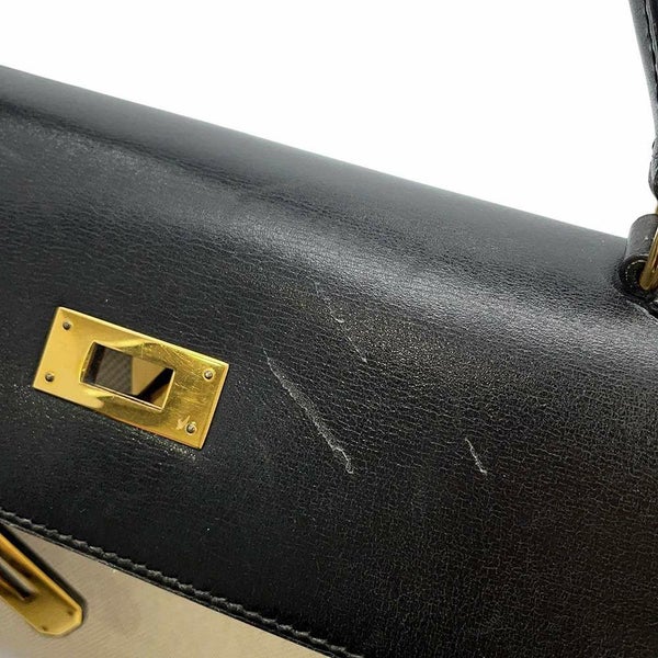 エルメス ハンドバッグ ケリー32 外縫い ナチュラル/ブラック/ゴールド金具 トワルアッシュ/ボックスカーフ 〇Z刻印 黒