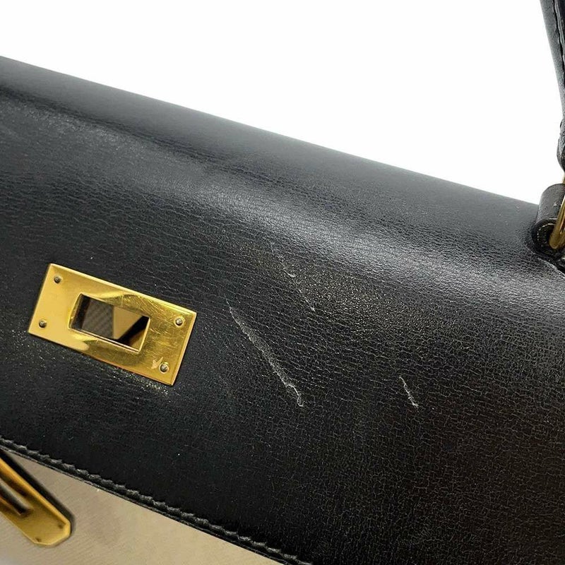 エルメス ハンドバッグ ケリー32 外縫い ナチュラル/ブラック/ゴールド金具 トワルアッシュ/ボックスカーフ 〇Z刻印 黒