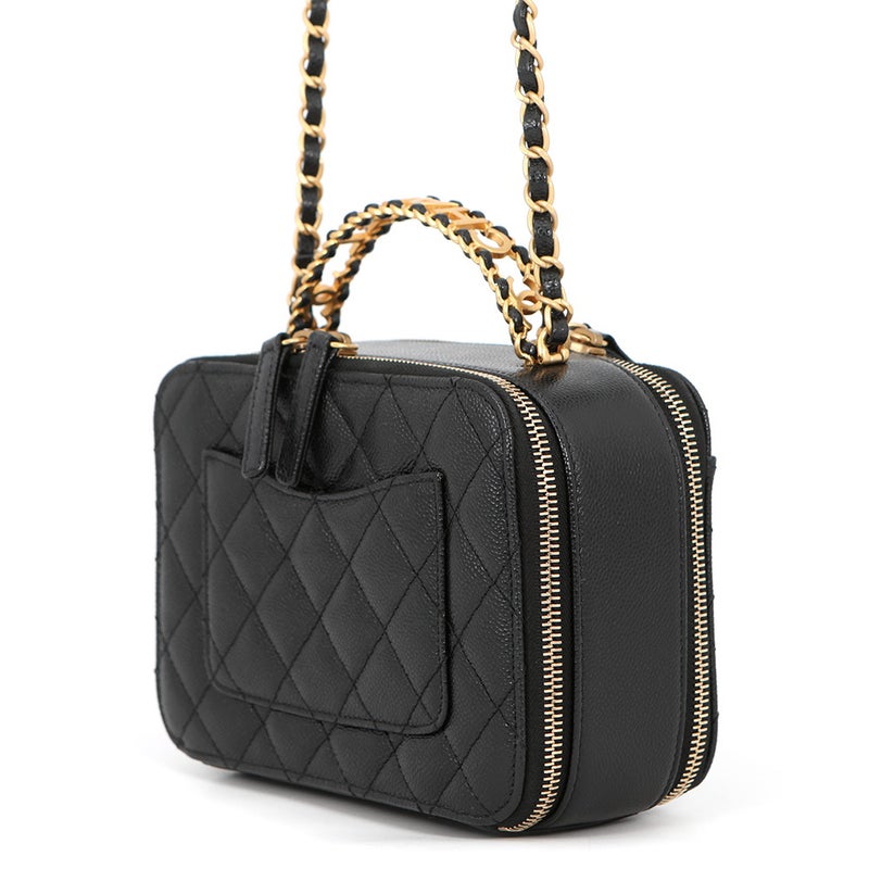 シャネル チェーンショルダーバッグ ココマーク マトラッセ バニティ トップハンドル キャビアスキン AS3221 CHANEL 黒