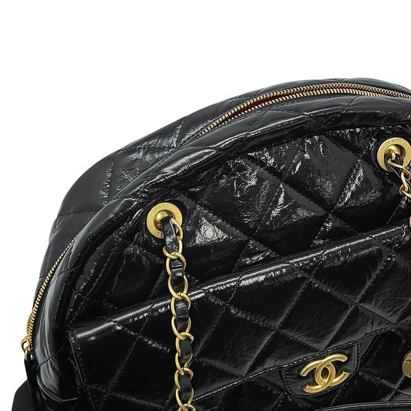 シャネル ショルダーバッグ ココマーク マトラッセ マキシボーリングバッグ シャイニーカーフレザー CHANEL 黒