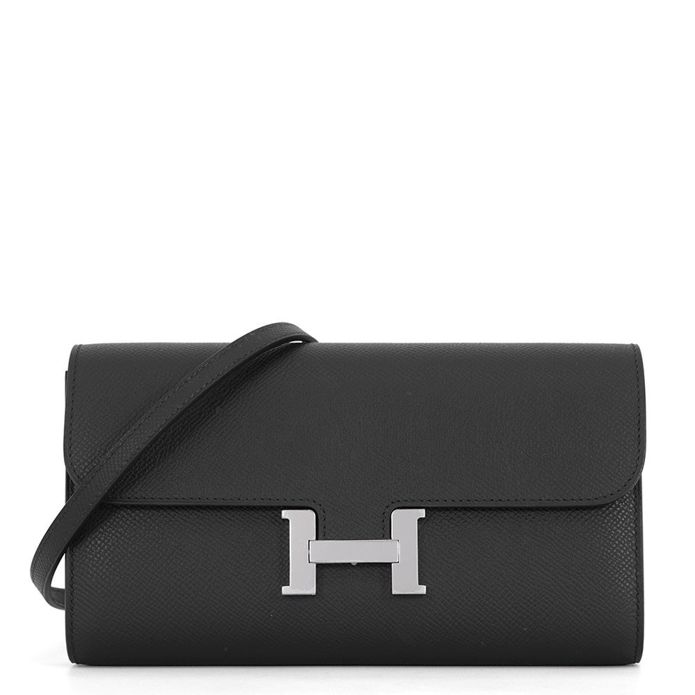 最終価格　H ブラックレザー長財布 Hロゴ金具付き シルバー金具 エルメス 長財布 コンスタンス トゥーゴー ロング ブラック/シルバー