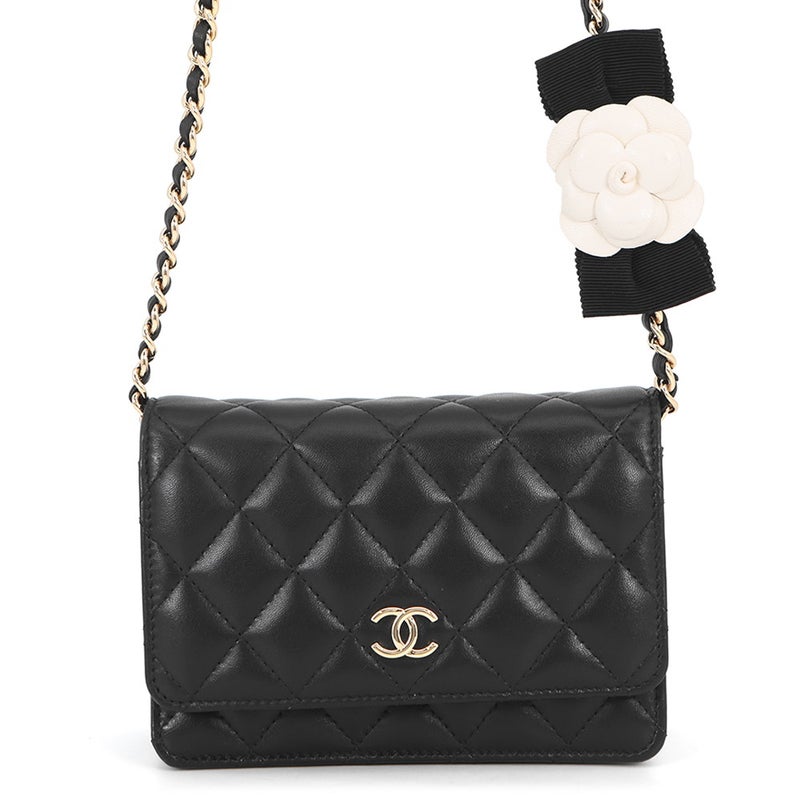 シャネル チェーンウォレット マトラッセ カメリアリボンラムスキン AP1649 CHANEL 財布 黒