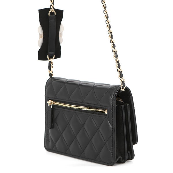 シャネル チェーンウォレット マトラッセ カメリアリボンラムスキン AP1649 CHANEL 財布 黒