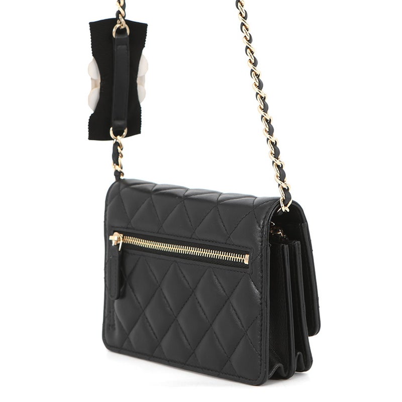 シャネル チェーンウォレット マトラッセ カメリアリボンラムスキン AP1649 CHANEL 財布 黒