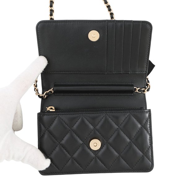 シャネル チェーンウォレット マトラッセ カメリアリボンラムスキン AP1649 CHANEL 財布 黒