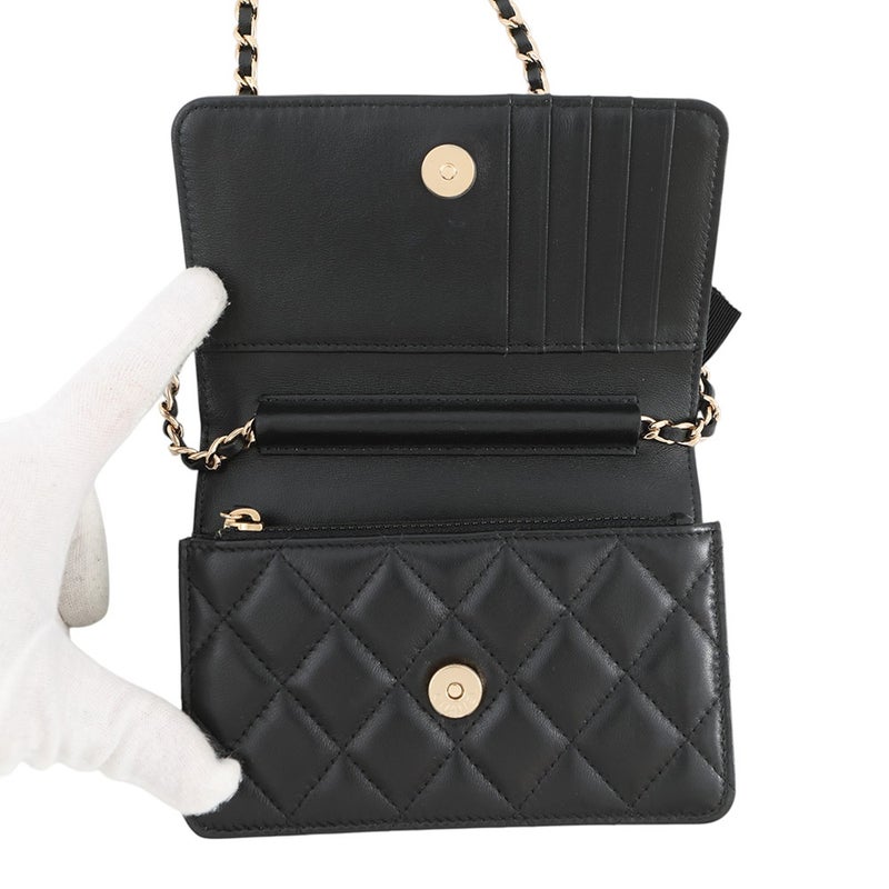 シャネル チェーンウォレット マトラッセ カメリアリボンラムスキン AP1649 CHANEL 財布 黒