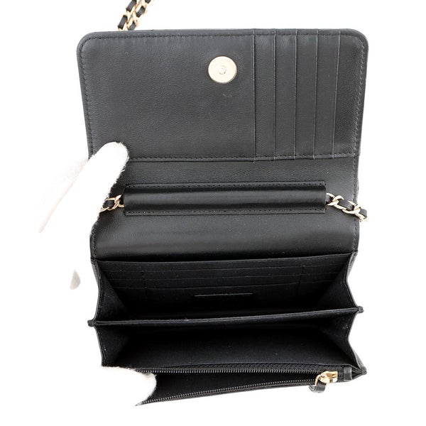 シャネル チェーンウォレット マトラッセ カメリアリボンラムスキン AP1649 CHANEL 財布 黒